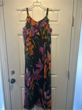 Floral Ruffle Midi Dress in Black with Purple & Orange Blooms